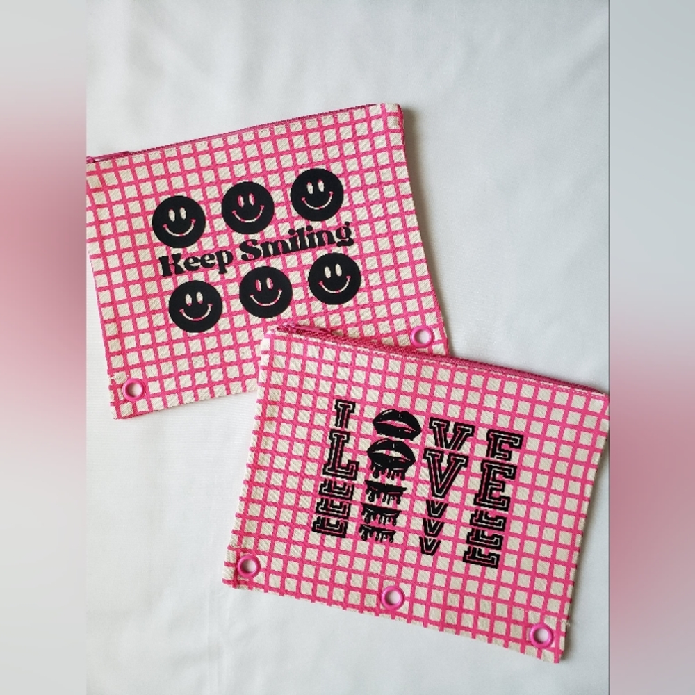 Retro Inspired Smiley Pink Striped Multi Purpose Cotton Canvas Pouch New - Picture 6 of 6